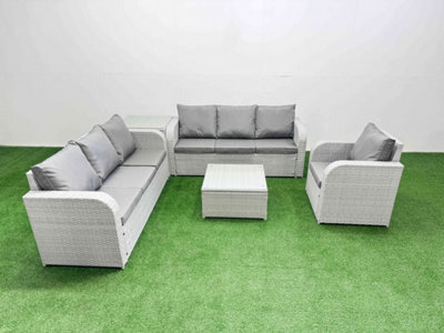 Fimous 7 Seater Poly Rattan Outdoor Garden Furniture Square Coffee Table Sofa Set 3 Seater Sofaside Table Light Grey - image 1