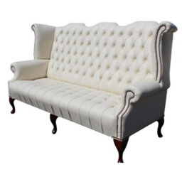 Chesterfield 3 Seater High Back Wing Chair Cottonseed Cream Leather Sofa In Queen Anne Style - thumbnail 2