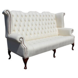 Chesterfield 3 Seater High Back Wing Chair Cottonseed Cream Leather Sofa In Queen Anne Style - thumbnail 3
