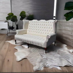 Chesterfield 3 Seater High Back Wing Chair Cottonseed Cream Leather Sofa In Queen Anne Style - thumbnail 4