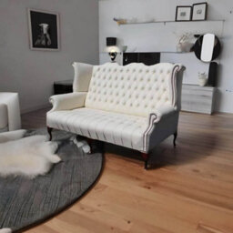 Chesterfield 3 Seater High Back Wing Chair Cottonseed Cream Leather Sofa In Queen Anne Style - thumbnail 5
