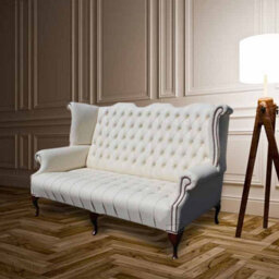 Chesterfield 3 Seater High Back Wing Chair Cottonseed Cream Leather Sofa In Queen Anne Style - thumbnail 1