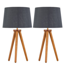First Choice Lighting Set Of 2 Dark Oak Table Lamp Or Bedside Lights With Grey Silver Shades - thumbnail 1