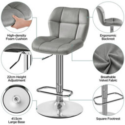 Yaheetech Set Of 2 Velvet Swivel Stools With Adjustable Seat Height For Kitchen Bar Light Grey - thumbnail 4