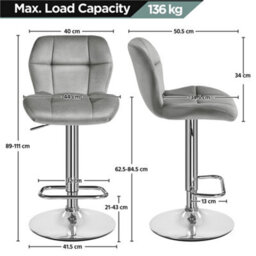Yaheetech Set Of 2 Velvet Swivel Stools With Adjustable Seat Height For Kitchen Bar Light Grey - thumbnail 3