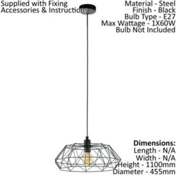 Stylish Black Cage Pendant Light For Hallways - 1X 60W E27 Bulb Compatible - thumbnail 2