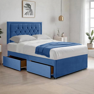 Blue Plush 5Ft King Size Bed With Matttress  2 Storage Drawers And 20 Inch Borderd Headboard - image 1