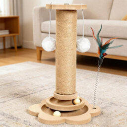 Indoor Cat Scratching Post 40Cm Compact Sisal Scratch Pole With Pine Base Interactive Feather And Game Balls - thumbnail 2