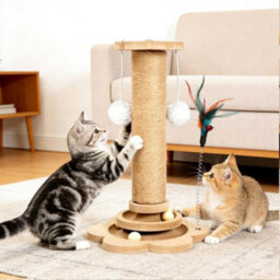 Indoor Cat Scratching Post 40Cm Compact Sisal Scratch Pole With Pine Base Interactive Feather And Game Balls - thumbnail 4