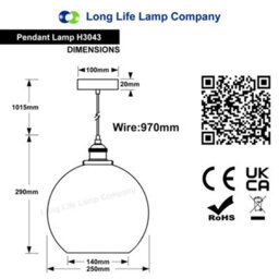 Long Life Lamps Company Crackle Glass Pendant Light Round Globe Shade Chrome Ceiling Lamp Holder H3043 - thumbnail 2