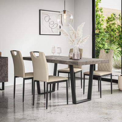 More4Homes Aria Dining Table And Chairs - Concrete Effect Table Top W Black Legs + Monza Faux Leather Dining Chair Set Of 4 (Beige) - image 1
