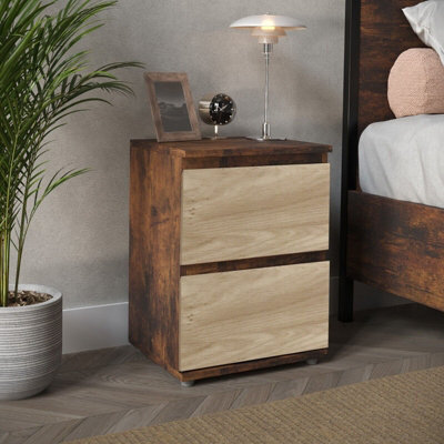 Urbn-Living Urbnliving 2 Drawer Rustic Brown Carcass With Oak Drawers Wooden Bedroom Bedside Cabinet No Handle Nightstand Side Table - image 1