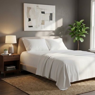 Soft Plain Brushed Cotton Fitted Flat Sheet Matching Pillowcases Set White - image 1