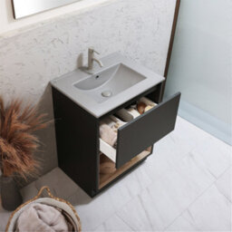 Homestylestore Black Grey 612mm Bathroom Vanity Unit Led Lit Open Shelf And Pebble Basin - thumbnail 2