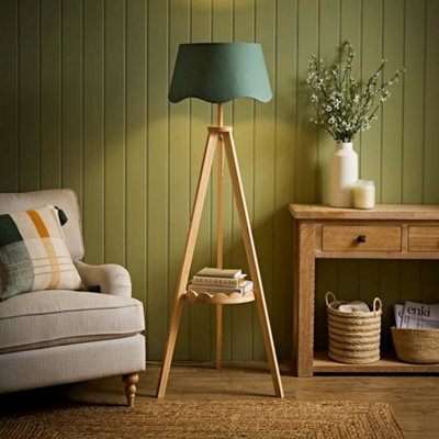 Valuelights Morrigan Sage Green Scallop Linen Wooden Shelf Tripod Floor Lamp - image 1