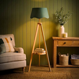 Valuelights Morrigan Sage Green Scallop Linen Wooden Shelf Tripod Floor Lamp - thumbnail 2