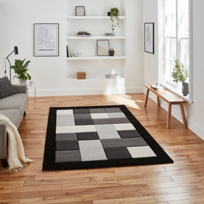 Black Grey Modern Geometric Bordered Chequered Rug For Living Room Bedroom And Dining Room-80Cm X 150Cm