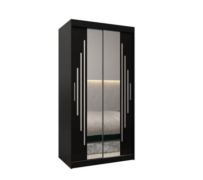 Arte York I Mirrored Sliding Door Wardrobe With Shelves And Hanging Rails In Black (H)2000mm (W)1000mm (D)620mm - image 1