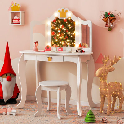 Costway Kids Vanity Set Princess Vanity Table & Chair Set W/ Lighted Mirror-White - image 1