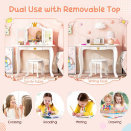 Costway Kids Vanity Set Princess Vanity Table & Chair Set W/ Lighted Mirror-White - thumbnail 8