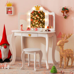 Costway Kids Vanity Set Princess Vanity Table & Chair Set W/ Lighted Mirror-White - thumbnail 1