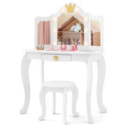 Costway Kids Vanity Set Princess Vanity Table & Chair Set W/ Lighted Mirror-White - thumbnail 2