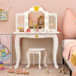 Costway Kids Vanity Set Princess Vanity Table & Chair Set W/ Lighted Mirror-White - thumbnail 5