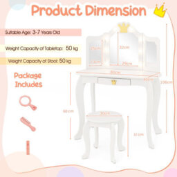 Costway Kids Vanity Set Princess Vanity Table & Chair Set W/ Lighted Mirror-White - thumbnail 3