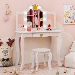 Costway Kids Vanity Set Princess Vanity Table & Chair Set W/ Lighted Mirror-White - thumbnail 4
