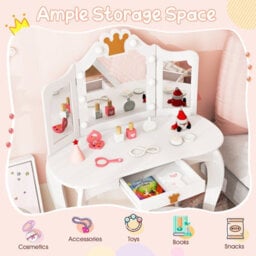 Costway Kids Vanity Set Princess Vanity Table & Chair Set W/ Lighted Mirror-White - thumbnail 7