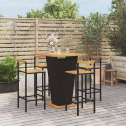 Berkfield 5 Piece Garden Bar Set Black Poly Rattan&solid Wood Acacia - thumbnail 1