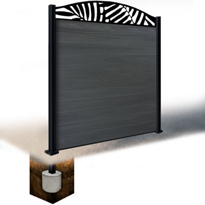 Easycomposite 6Ft Composite Fence Panel & Aluminium Post Sunken In Ground - Anthracite Boards & Leafy Curved Topper Trellis - image 1