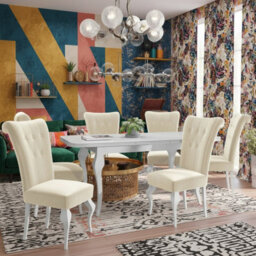 Lara Extendable Dining Table Set With 6 St63 Dining Chairs Mdf Hdf Chipboard Wood 140 To 180 Cm White And Cream