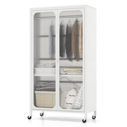 Costway Rolling Storage Wardrobe Cabinet Mobile Wardrobe Armoire Closet W/ Hanging Rod - thumbnail 1