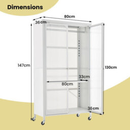 Costway Rolling Storage Wardrobe Cabinet Mobile Wardrobe Armoire Closet W/ Hanging Rod - thumbnail 3