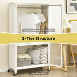 Costway Rolling Storage Wardrobe Cabinet Mobile Wardrobe Armoire Closet W/ Hanging Rod - thumbnail 2