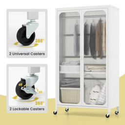Costway Rolling Storage Wardrobe Cabinet Mobile Wardrobe Armoire Closet W/ Hanging Rod - thumbnail 5