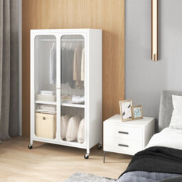 Costway Rolling Storage Wardrobe Cabinet Mobile Wardrobe Armoire Closet W/ Hanging Rod - thumbnail 7