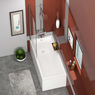 Royal Bathrooms Cesar 1700 X 700mm Acrylic Square Edged Single Ended White Straight Bath With Chrome Wall Profile Screen & Front Panel - image 1