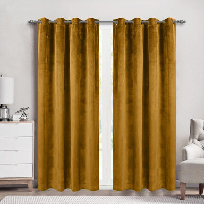 Moonlight Bedding Velvet Ring Top Curtains- Fully Lined Dim Out Blackout Pair, Ultra Soft Thermal Curtains (Ochre, 66 X 72 Inch) - image 1