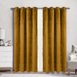 Moonlight Bedding Velvet Ring Top Curtains- Fully Lined Dim Out Blackout Pair, Ultra Soft Thermal Curtains (Ochre, 66 X 72 Inch) - thumbnail 1