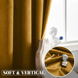 Moonlight Bedding Velvet Ring Top Curtains- Fully Lined Dim Out Blackout Pair, Ultra Soft Thermal Curtains (Ochre, 66 X 72 Inch) - thumbnail 5