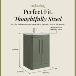 Balterley Aldershawe Contemporary Floor Standing 2 Door Bathroom Vanity Unit & Ceramic Basin, Satin Green, 610mm - thumbnail 5