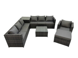 Fimous 8 Seater Garden Outdoor Rattan Furniture Set Patio Corner Sofa Coffee Table With Side Table Big Stool Dark Grey - thumbnail 1