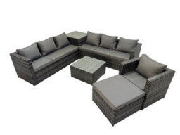 Fimous 8 Seater Garden Outdoor Rattan Furniture Set Patio Corner Sofa Coffee Table With Side Table Big Stool Dark Grey - thumbnail 2