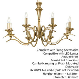 Hanging Flush Ceiling Pendant 8 Light Antique Brass Chandelier Lamp Bulb Holder - thumbnail 2