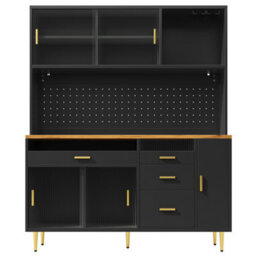 Abrihome Highboard With Led Lighting & Pegboard Shelves, Tall Cabinet For Living Room, Kitchen , Adjustable Cupboard, 145X24X171Cm, Black - thumbnail 7