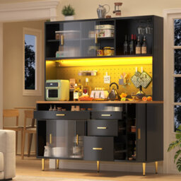 Abrihome Highboard With Led Lighting & Pegboard Shelves, Tall Cabinet For Living Room, Kitchen , Adjustable Cupboard, 145X24X171Cm, Black