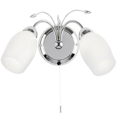 Led Twin Wall Light Pretty Curved Arm Chrome & White Glass Shade Lamp Lighting - image 1
