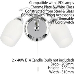 Led Twin Wall Light Pretty Curved Arm Chrome & White Glass Shade Lamp Lighting - thumbnail 2
